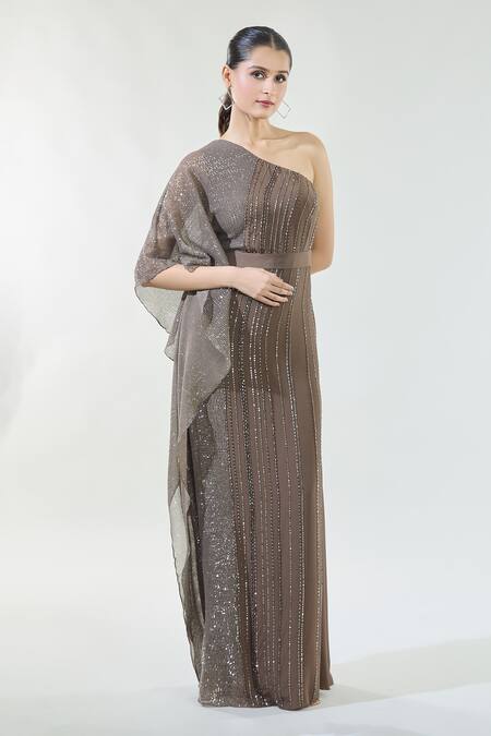 Shop Babita Malkani Brown Crepe Beads, Sequins One Shoulder Embroidered Kaftan Dress Online at Aza Fashions Shop_Babita Malkani_Brown Crepe Beads, Sequins One Shoulder Embroidered Kaftan Dress_Online_at_Aza_Fashions
