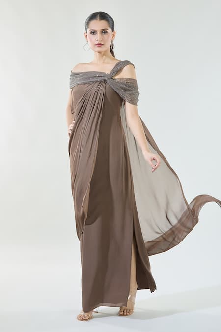 Babita Malkani Brown Chiffon Sequin Asymmetric Cascading Draped Detailed Dress 