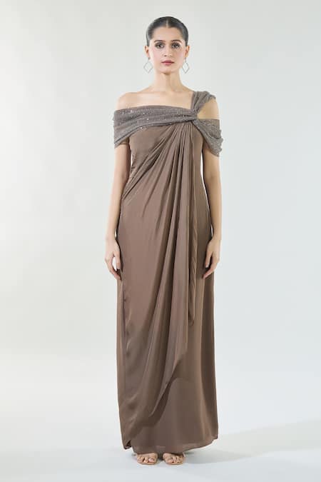 Babita Malkani_Brown Crepe, Chiffon Sequins Asymmetric Cascading Draped Detailed Dress_Online_at_Aza_Fashions