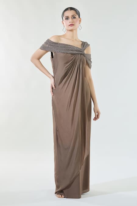 Buy_Babita Malkani_Brown Crepe, Chiffon Sequins Asymmetric Cascading Draped Detailed Dress_Online_at_Aza_Fashions