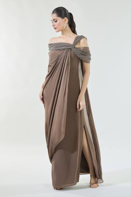 Shop_Babita Malkani_Brown Crepe, Chiffon Sequins Asymmetric Cascading Draped Detailed Dress_Online_at_Aza_Fashions