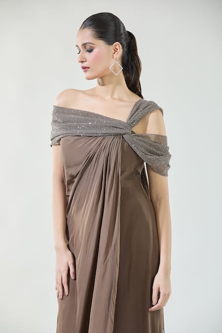 Babita Malkani_Brown Crepe, Chiffon Sequins Asymmetric Cascading Draped Detailed Dress_at_Aza_Fashions