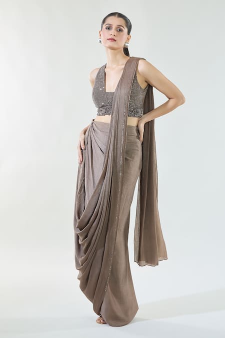 Babita Malkani_Brown Chiffon Sequins, Beads V-neck Detailed Hem Pre-draped Saree With Blouse _Online_at_Aza_Fashions