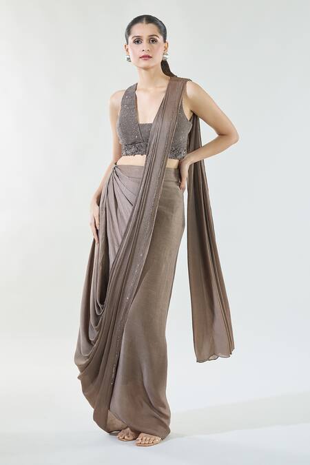 Buy_Babita Malkani_Brown Chiffon Sequins, Beads V-neck Detailed Hem Pre-draped Saree With Blouse _Online_at_Aza_Fashions