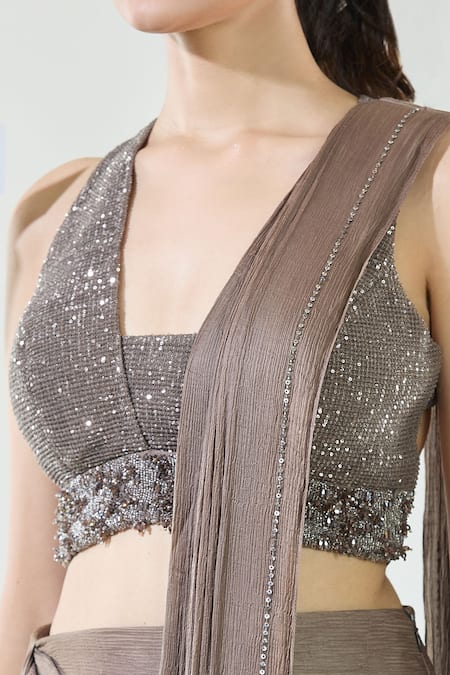 Shop_Babita Malkani_Brown Chiffon Sequins, Beads V-neck Detailed Hem Pre-draped Saree With Blouse _Online_at_Aza_Fashions