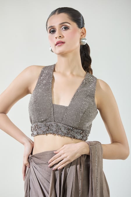 Babita Malkani_Brown Chiffon Sequins, Beads V-neck Detailed Hem Pre-draped Saree With Blouse _at_Aza_Fashions