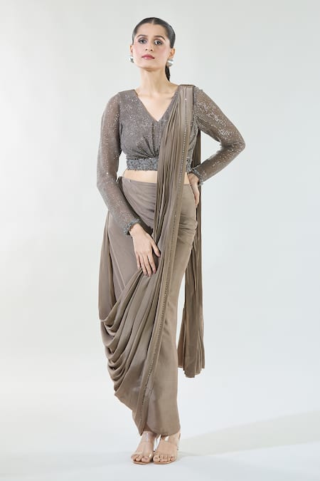 Babita Malkani Brown Chiffon Embroidered Sequin V Neck Detailed Pre-draped Saree With Blouse 