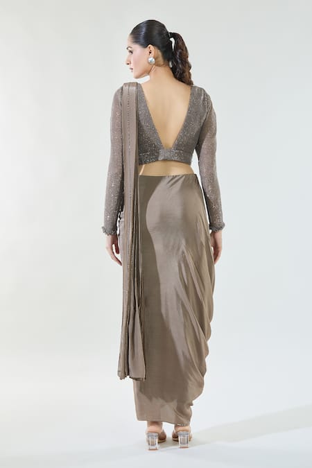 Shop_Babita Malkani_Brown Chiffon Sequins, Beads V-neck Detailed Pre-draped Saree With Blouse _at_Aza_Fashions