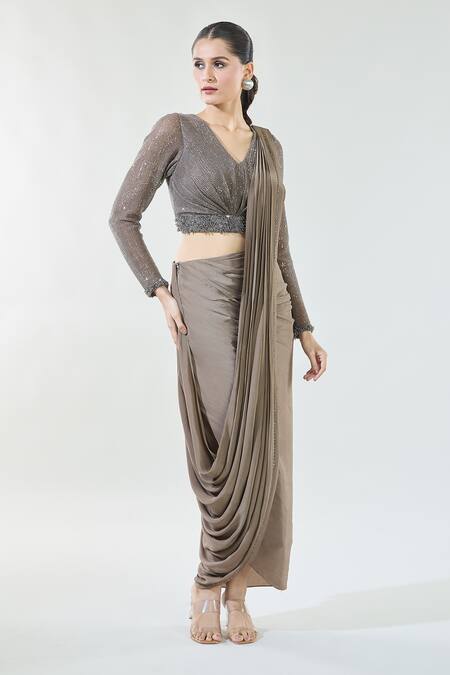 Buy_Babita Malkani_Brown Chiffon Sequins, Beads V-neck Detailed Pre-draped Saree With Blouse _Online_at_Aza_Fashions