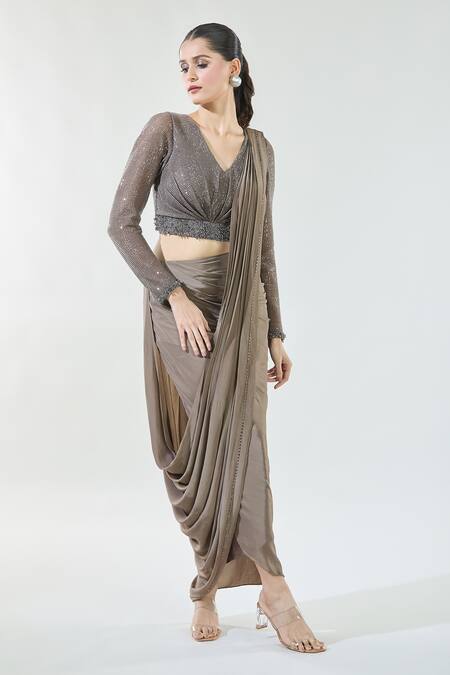 Shop_Babita Malkani_Brown Chiffon Sequins, Beads V-neck Detailed Pre-draped Saree With Blouse _Online_at_Aza_Fashions