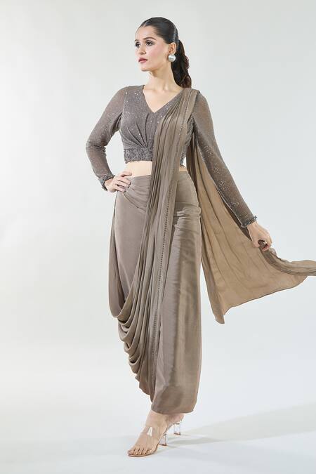 Babita Malkani_Brown Chiffon Sequins, Beads V-neck Detailed Pre-draped Saree With Blouse _at_Aza_Fashions