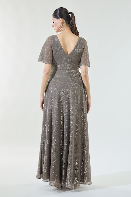 Shop_Babita Malkani_Brown Satin Sequins, Crystals V-neck Detailed Gown _at_Aza_Fashions