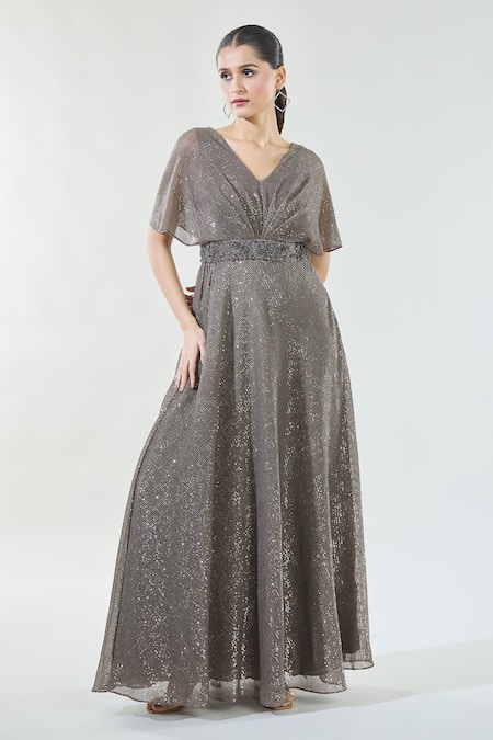Babita Malkani_Brown Satin Sequins, Crystals V-neck Detailed Gown _Online_at_Aza_Fashions