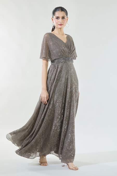 Buy_Babita Malkani_Brown Satin Sequins, Crystals V-neck Detailed Gown _Online_at_Aza_Fashions
