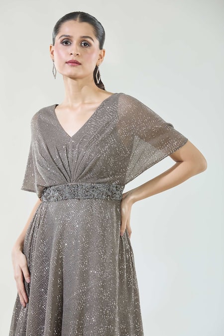Shop_Babita Malkani_Brown Satin Sequins, Crystals V-neck Detailed Gown _Online_at_Aza_Fashions