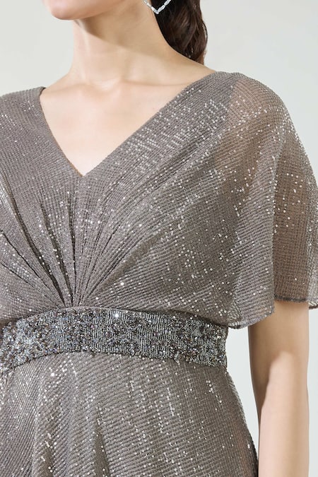 Babita Malkani_Brown Satin Sequins, Crystals V-neck Detailed Gown _at_Aza_Fashions