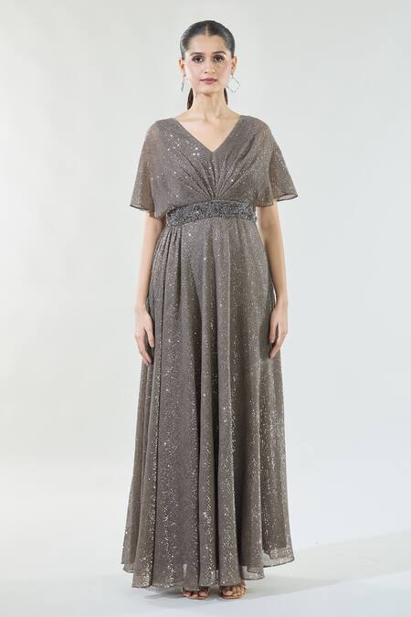 Buy_Babita Malkani_Brown Satin Sequins, Crystals V-neck Detailed Gown 