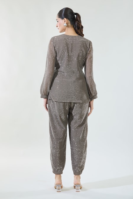 Babita Malkani Sequin Detailed Overlapping Top & Pant Co-Ord Set 