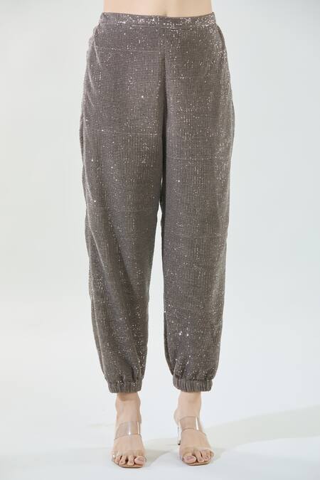 Babita Malkani_Brown Silk Tassels, Sequins V-neck Detailed Overlapping Top And Pant Co-ord Set _Online_at_Aza_Fashions