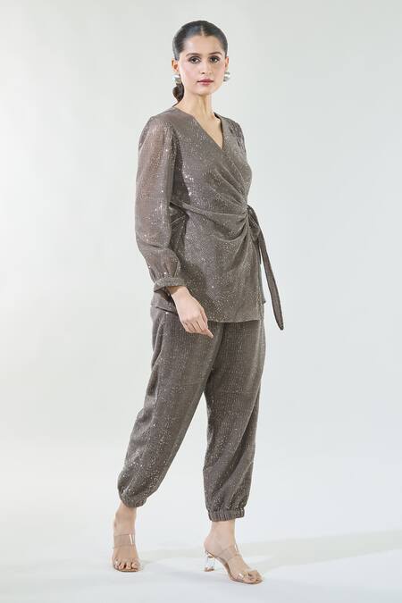 Buy_Babita Malkani_Brown Silk Tassels, Sequins V-neck Detailed Overlapping Top And Pant Co-ord Set _Online_at_Aza_Fashions