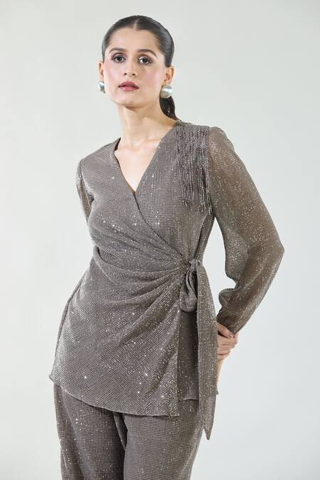 Shop_Babita Malkani_Brown Silk Tassels, Sequins V-neck Detailed Overlapping Top And Pant Co-ord Set _Online_at_Aza_Fashions