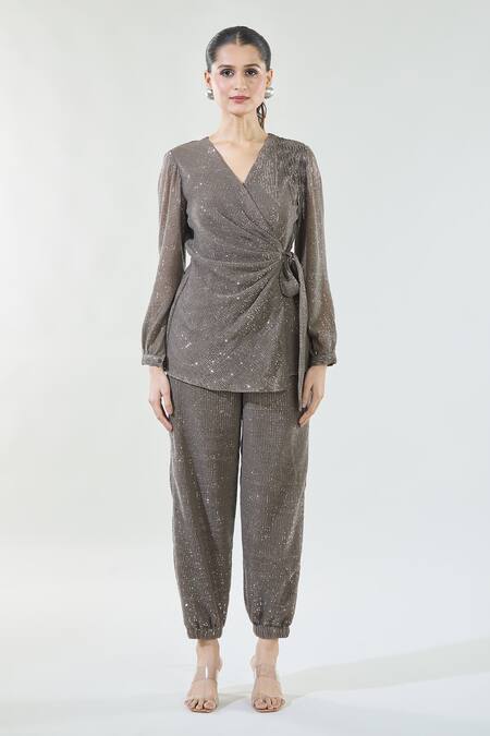 Babita Malkani_Brown Silk Tassels, Sequins V-neck Detailed Overlapping Top And Pant Co-ord Set _at_Aza_Fashions