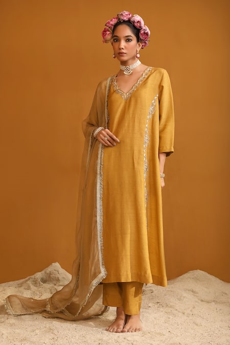 OMANA BY RANJANA BOTHRA Gold Kurta And Trousers Bamberg Silk Firoza Floral Vine Zari Pant Set 