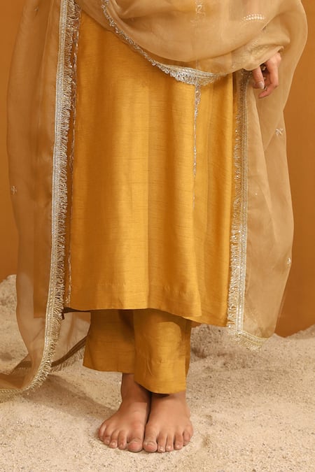Omana By Ranjana Bothra Gold Bamboo, Organza, Sequins, Firoza Floral Vine Kurta Pant Set Online at Aza Fashions Omana By Ranjana Bothra_Gold Bamboo, Organza, Sequins, Firoza Floral Vine Kurta Pant Set _Online_at_Aza_Fashions