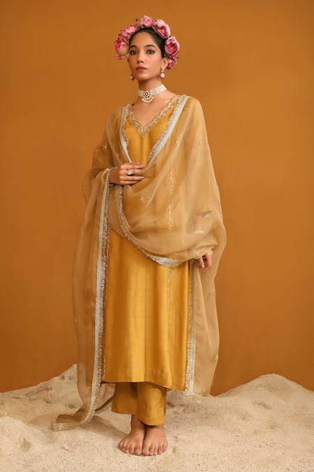 Buy_Omana By Ranjana Bothra_Gold Bamboo, Organza, Sequins, Firoza Floral Vine Kurta Pant Set _Online_at_Aza_Fashions
