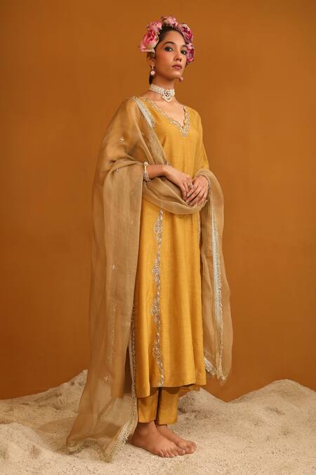 Shop_Omana By Ranjana Bothra_Gold Bamboo, Organza, Sequins, Firoza Floral Vine Kurta Pant Set _Online_at_Aza_Fashions