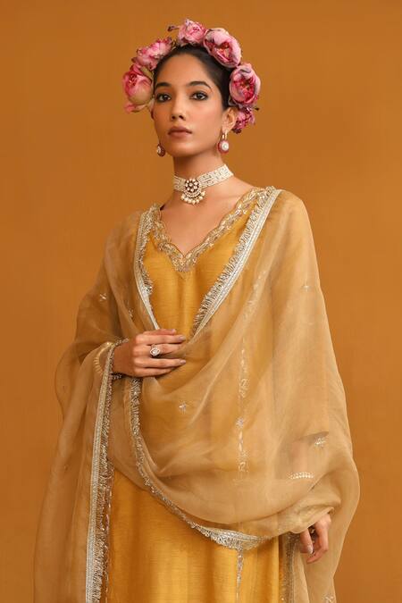 Buy Omana By Ranjana Bothra Gold Bamboo, Organza, Sequins, Firoza Floral Vine Kurta Pant Set Buy_Omana By Ranjana Bothra_Gold Bamboo, Organza, Sequins, Firoza Floral Vine Kurta Pant Set