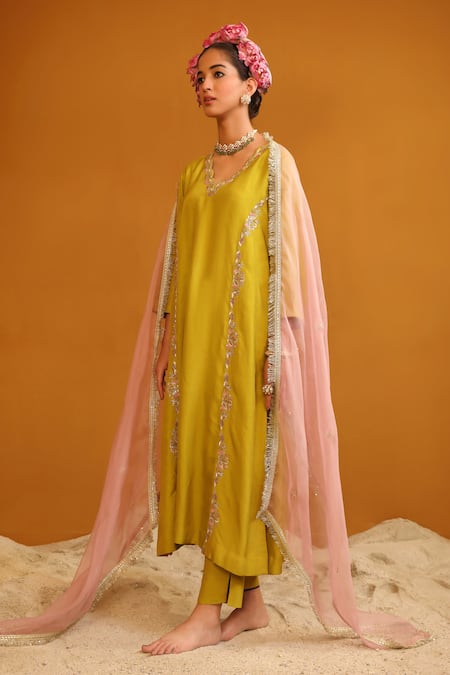 Omana By Ranjana Bothra_Green Bamboo, Silk Organza Sequins, Zari, Firoza Floral Vine Kurta Pant Set _Online_at_Aza_Fashions