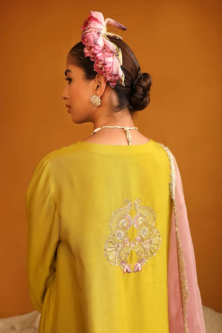 Buy_Omana By Ranjana Bothra_Green Bamboo, Silk Organza Sequins, Zari, Firoza Floral Vine Kurta Pant Set _Online_at_Aza_Fashions