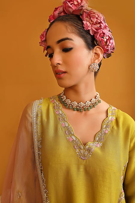 Shop_Omana By Ranjana Bothra_Green Bamboo, Silk Organza Sequins, Zari, Firoza Floral Vine Kurta Pant Set _Online_at_Aza_Fashions
