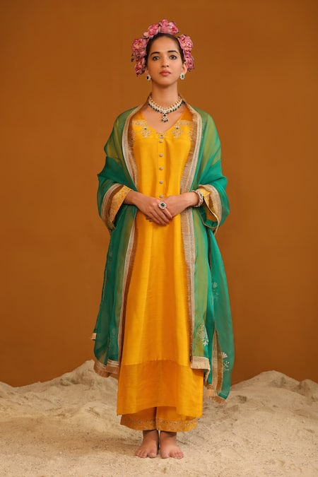 Buy_Omana By Ranjana Bothra_Yellow Silk Organza, Silk, Bamboo Zari, Sequins, Zeenat Jaal Kurta Pant Set _Online_at_Aza_Fashions