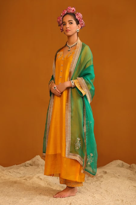 Shop_Omana By Ranjana Bothra_Yellow Silk Organza, Silk, Bamboo Zari, Sequins, Zeenat Jaal Kurta Pant Set _Online_at_Aza_Fashions