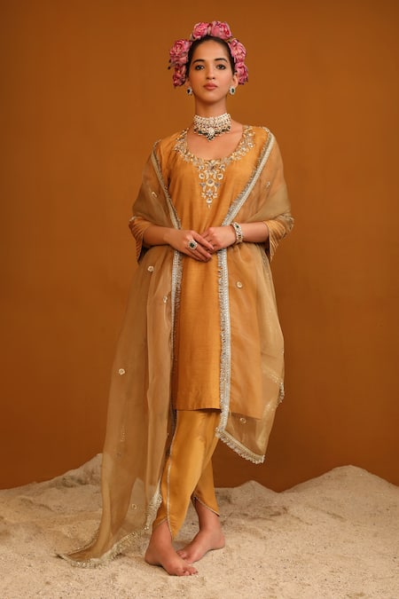 Omana By Ranjana Bothra_Gold Bamboo, Silk Organza, Denim, Satin Shabana Floral Kurta Dhoti Pant Set _Online_at_Aza_Fashions