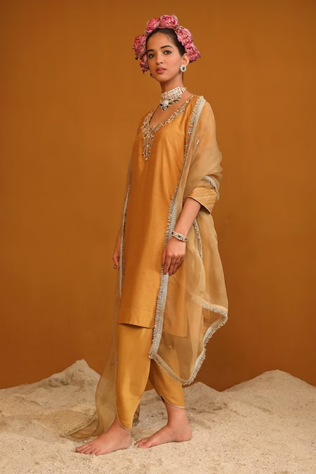 Buy_Omana By Ranjana Bothra_Gold Bamboo, Silk Organza, Denim, Satin Shabana Floral Kurta Dhoti Pant Set _Online_at_Aza_Fashions