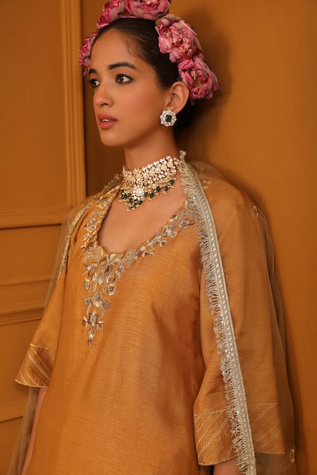 Omana By Ranjana Bothra_Gold Bamboo, Silk Organza, Denim, Satin Shabana Floral Kurta Dhoti Pant Set _at_Aza_Fashions