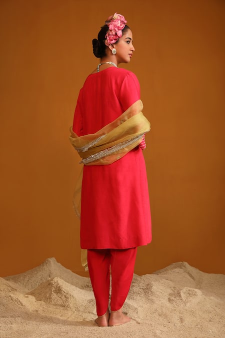 Buy_Omana By Ranjana Bothra_Pink Bamboo, Silk Organza, Shabana Floral Jaal Embroidered Kurta Dhoti Pant Set _Online_at_Aza_Fashions