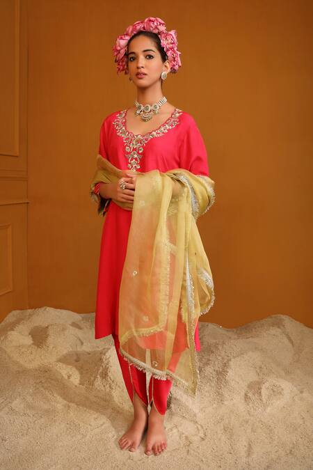 Omana By Ranjana Bothra_Pink Bamboo, Silk Organza, Shabana Floral Jaal Embroidered Kurta Dhoti Pant Set _at_Aza_Fashions