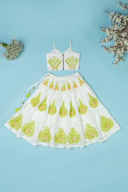 Shop_Yuvraani Jaipur_Ivory Polyester, Net Embroidery, Tassels Hand Lehenga Set _at_Aza_Fashions