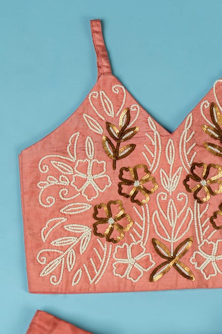 Shop_Yuvraani Jaipur_Pink Polyester, Net Embroidery, Tassels Floral Hand Lehenga Set _Online_at_Aza_Fashions