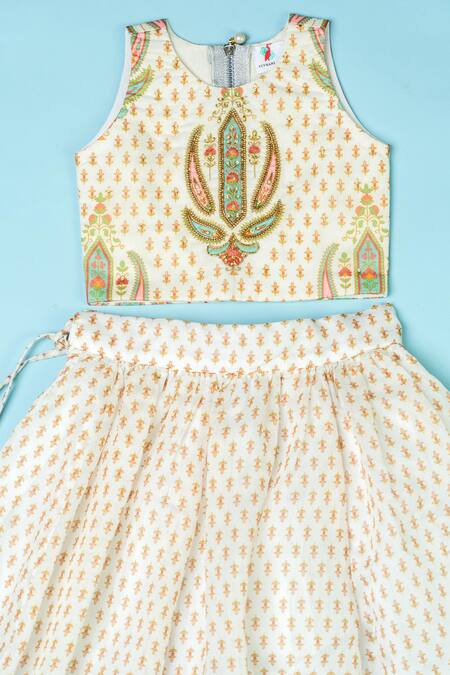 Shop_Yuvraani Jaipur_Ivory Chanderi, Net Embroidery, Tassels Floral Print Lehenga Blouse Set _Online_at_Aza_Fashions