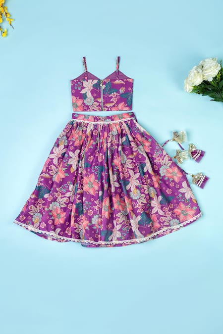 Shop_Yuvraani Jaipur_Purple Chanderi, Net Cut Work, Sequins, Tassels Floral Print Lehenga Set _at_Aza_Fashions