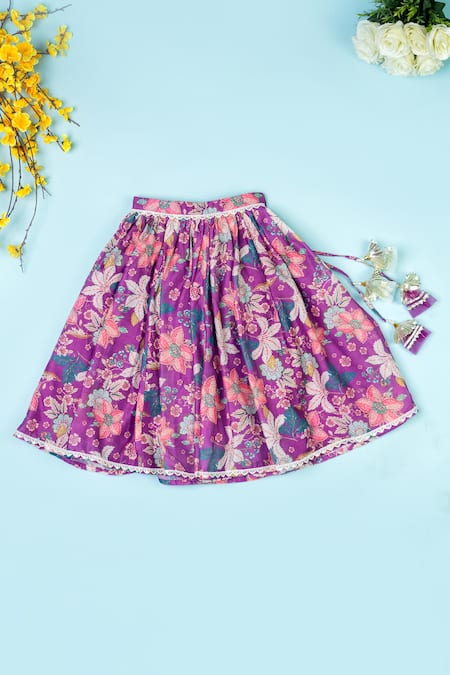 Yuvraani Jaipur_Purple Chanderi, Net Cut Work, Sequins, Tassels Floral Print Lehenga Set _Online_at_Aza_Fashions