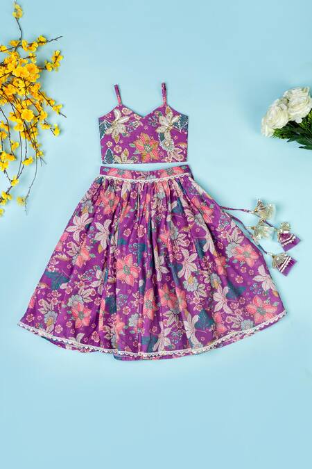 Buy_Yuvraani Jaipur_Purple Chanderi, Net Cut Work, Sequins, Tassels Floral Print Lehenga Set _Online_at_Aza_Fashions