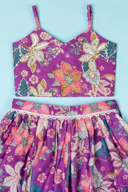 Shop_Yuvraani Jaipur_Purple Chanderi, Net Cut Work, Sequins, Tassels Floral Print Lehenga Set _Online_at_Aza_Fashions