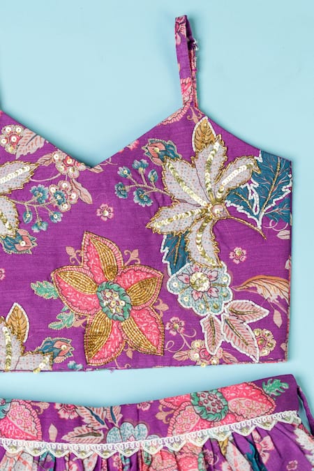 Yuvraani Jaipur_Purple Chanderi, Net Cut Work, Sequins, Tassels Floral Print Lehenga Set _at_Aza_Fashions