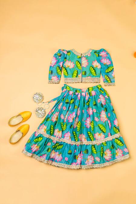 Shop_Yuvraani Jaipur_Green Chanderi, Net Embroidery, Tassels Lotus Print Lehenga Blouse Set _at_Aza_Fashions